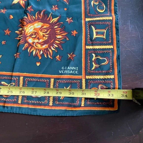 Gianni Versace Vintage Silk Scarf Celestial Zodiac Sun Moon Teal Green 34x34 - Picture 8 of 10
